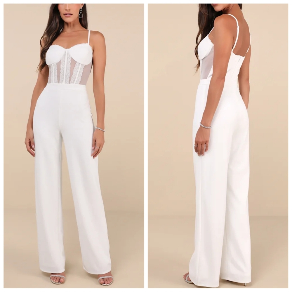 Lulus Perfectly Sultry White Mesh Bustier Wide-Leg Jumpsuit | L | NWT